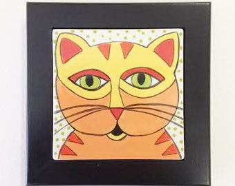 Hand Painted Tile - Ceramic Tile - Cat Tile - Hand Painted Ceramic Tile - Framed Ceramic Tile - Tile Trivet - Cat Lover Gift - Ceramic Tile