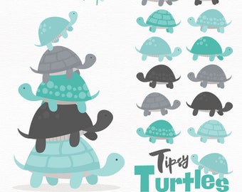 Professional Turtle Stack Clipart in Aqua & Pewter - Turtle Clipart, Turtle Vectors, Aqua and Pewter Turtles