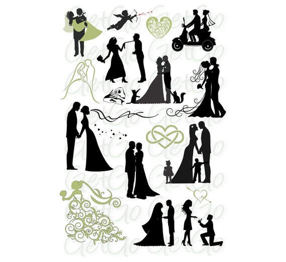 Wedding Icons and Bride and Groom Silhouettes Clipart ...