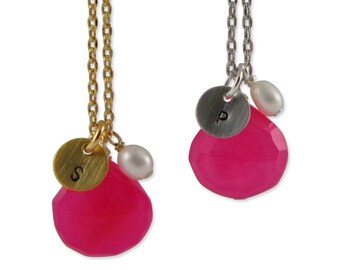 Pink Chalcedony Teardrop Pearl Personalized Initial Necklace