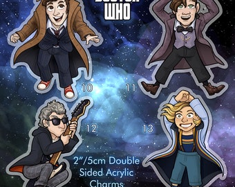 Doctor Who 2" Double Sided Acrylic Charm Doctors 10 11 12 or 13 Keychain PREORDER with free sticker