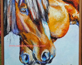 SALE Original Horse Friends Oil Painting 12"x12" with a hemlock slat frame