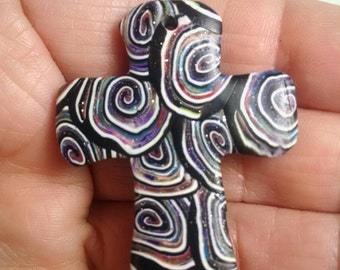 Cross Pendant, Jewelry Supplies, Polymer Clay, Spiral Cane, Multi Color, Add Cord