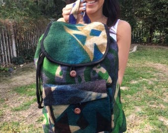 Backpack bag,Gunne sack backpack,Large,backpack, painted canvas,coffee bag,Guatemala,tan,green,blue,purple,back pack