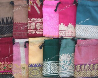 Recycled Sari Drawstring Gift Bags, 12 Gift Pouches 3 x 2" Fabric Gift Bags, Multi Colored India Gift Bags, Handcrafted Bags MS-033-42