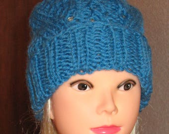 Hand knit hat Oversized Chunky Wool Hat Blue hat slouchy hat blue cable hat Superwash Wool