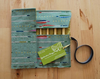 Crochet Hook Case / Organizer / Holder - Arrows Fabric with Metallic Mustard Lining