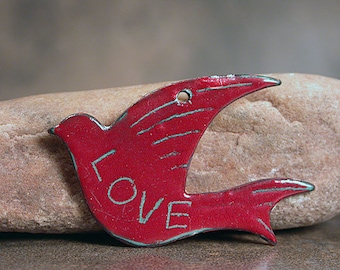 Enameled Copper Bird Pendant Focal Bead, Sgraffito Pendant, LOVE, Divine Spark Designs, SRA