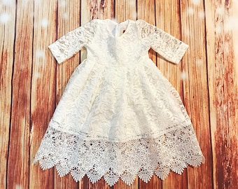 Ivory gorgeous lace baptismal dress, organic cotton christening dress, christening gown, lace baby girl's baptism gown, ivory church dress
