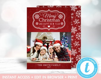 Red Snowflake Christmas Photo Card, Instant Download, Editable, Upload Your Own Photo, Template, Templett