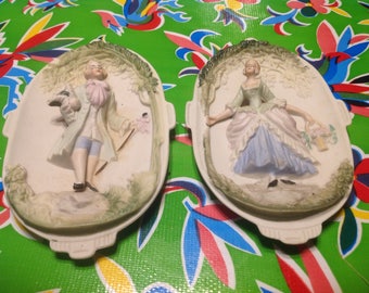 Vintage pair of Chase ceramic hand painted figurative wall plates- Occupied Japan
