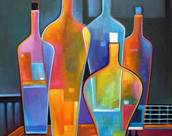 Cubist Painting Abstract Original Art Oil Wine Bottles Guitar Marlina Vera Modern Contemporary Artwork Fauve vin bouteille peinture vino Pop