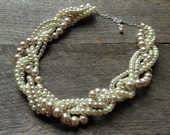 Champagne Ivory Chunky Pearl Necklace, Multi Strand Wedding Necklace, Pearl Statement Necklace on Silver or Gold Chain