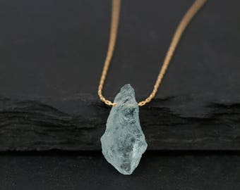 Raw Aquamarine Necklace - March Birthstone Necklace - Rough Gemstone Crystal Nugget Boho Style Layering Jewelry - Birthday Gift