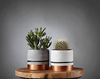 Black and copper painted concrete planter for succulent / cactus flower pot / design pot / concrete flower pot / with drainage / large pot