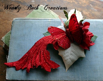 White Rose and Red Butterfly Hair Clip Fascinator - ATS, Tribal Fusion, Steampunk, Belly Dance