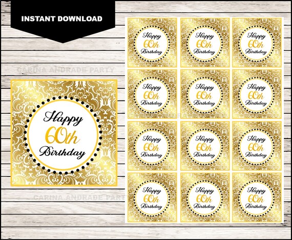 60th Birthday Printable Cupcake toppers Sticker labels and