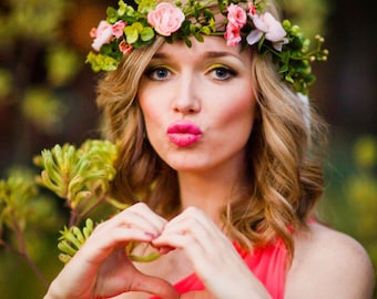 Pink flower crown headband, Flower headband, headband, wedding flower crown, bridal flower crown, bohemian flower crown