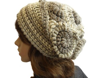 Freeform Crochet Beanie, Freeform Crochet Hat, Freeform Beret, OOAK Beige Mono Tones, OOAK Wearable Art