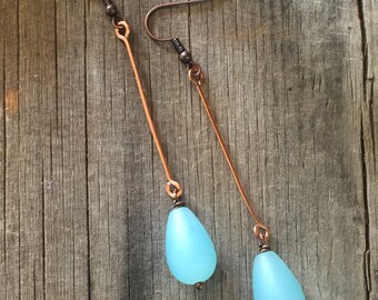 Copper and Blue Glass Teardrop Earrings