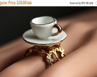 SUMMER SALE White Teacup Ring. White and Gold Tea Cup Ring. Gold Filigree Ring. Gold Ring. White Ring. Adjustable Ring. Handmade Jewelry.