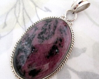 sterling silver 925 genuine rhodonite agate stone cabochon bezel set pendant