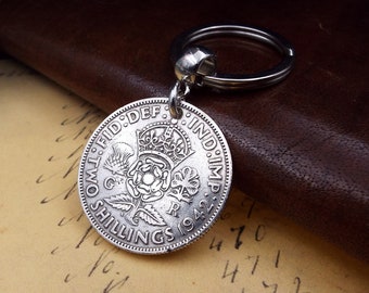 Genuine 1942 50% Silver UK Two Shillings Coin Keychain 76th Birthday Gift