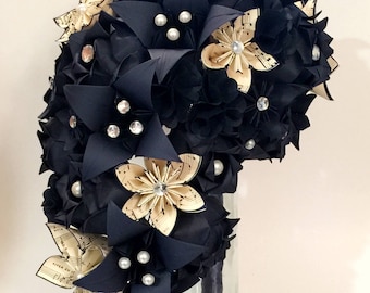 Cascading Bouquet of Roses- Handmade Bridal Bouquet, sheet music wedding, paper hydrangea, roses & lilies, your choice of color scheme