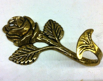 Solid Brass Flower with Leafs Wall Hanging Hook - Metal Rose Wall Hook -