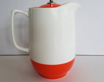 Vintage Plastic White and Orange Retro Thermos Insulated Ware Pitcher