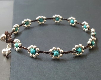Silver Turquoise Flower Anklet