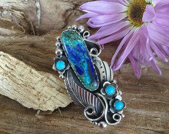Bluebird Mine Azurite Malachite ring, Artisan Handmade, Sterling Silver, With Sleeping Beauty Turquoise Wildflowers