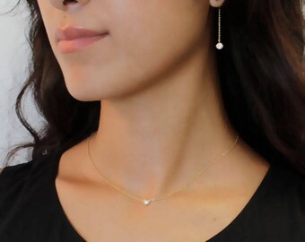 24K GOLD pt CZ Diamond Solitaire Bezel Dainty Necklace ~ Simple / Minimal Jewelry