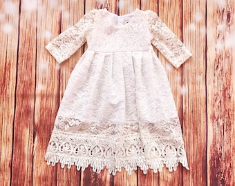 Ivory lace baptismal dress, organic cotton christening dress, christening gown, lace baby girl's baptism gown, ivory church dress,lace dress