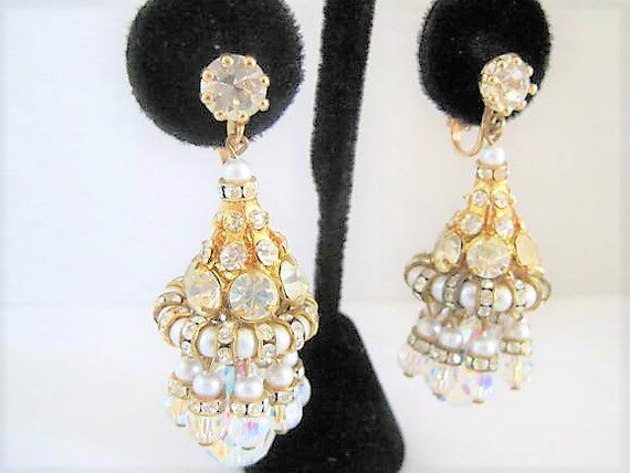 Crystal Rhinestone Earrings, Faux Pearls, Austrian Crystals, Elegant Clip Ons