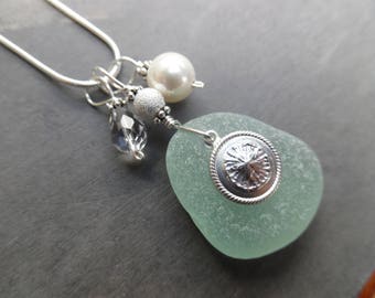 Sea Glass Necklace Sterling Sand Dollar Beach Jewelry Sea Foam Sterling Pendant