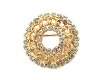 Vintage Circle Brooch, 1970's Gold, Rhinestone Circle Brooch, Pin, 1970's Brooch, Jewelry