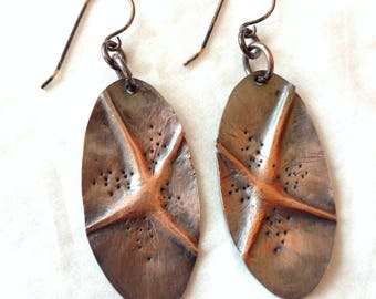 Star Earrings Copper, Four Rayed Star, Starfish Earrings, Hand Forged Copper Dangle Earrings, Ocean Earrings, Brittle Star, Handmade Metal