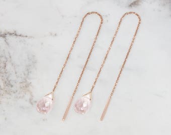 Rose Quartz Earrings, Gold Chain Earrings, 14K Gold Earrings, Rose Gold, Pink Quartz Earrings, Quartz Drop, Gold Threaders, Quartz Threaders