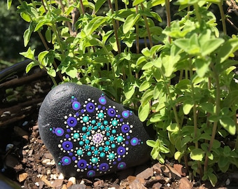 Mandala stone in blues and purples