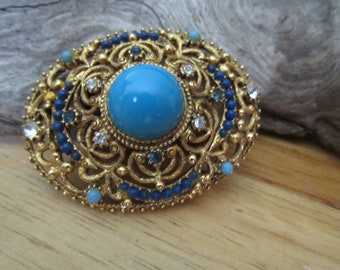 Vintage Faux Turquoise and Rhinestone Pin Brooch Bold and Large Gold Tone Accents Florenza