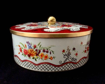 Tin by Daher Embossed Red Roses Flowers Floral Bouquet Gold Trim Round Metal Box Container Vintage England