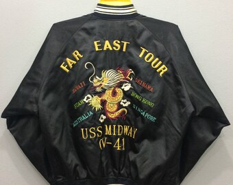 Broderie Dragon combat poitrine 24" adulte unisexe de Style Vintage Sukajan Sauvenir veste Far East Tour USS Midway veste noire japonais