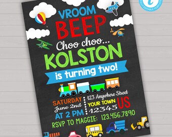 Transportation Birthday Invitation, Planes Trains Automobiles, Car Birthday Invitation, Plane Birthday, Train Birthday, Truck Birthday