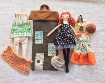 Doll in house bag, Handmade cloth doll , doll with clothes , dress up doll, rag doll, travel toy, doll in bag