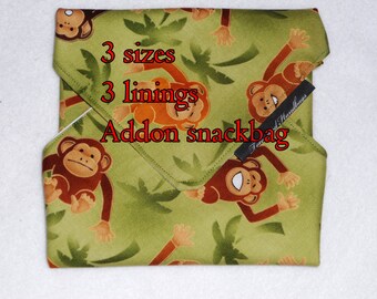 Reusable Sandwich Wrap, Bag, Swinging Monkeys with, without Snack Bag, Eco-Friendly, Lining Options /