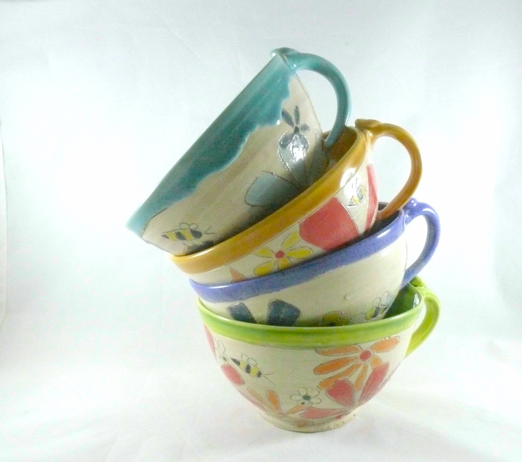 Ceramic Soup Mugs Bowls with Handles Set of Four Unique Coffee
