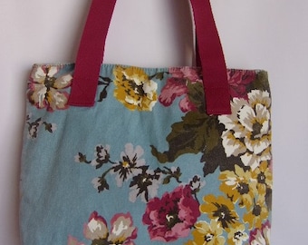 Vintage Women's Bag/Summer Denim Bag/Light Blue Purple Yellow Colors Bag/Flower Pattern/Beach Bag/With Lining