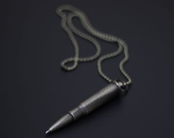 Writers Bullet Pen Necklace - Battle Distressed Blackened Solid Brass Pendant with Matching Ball Chain