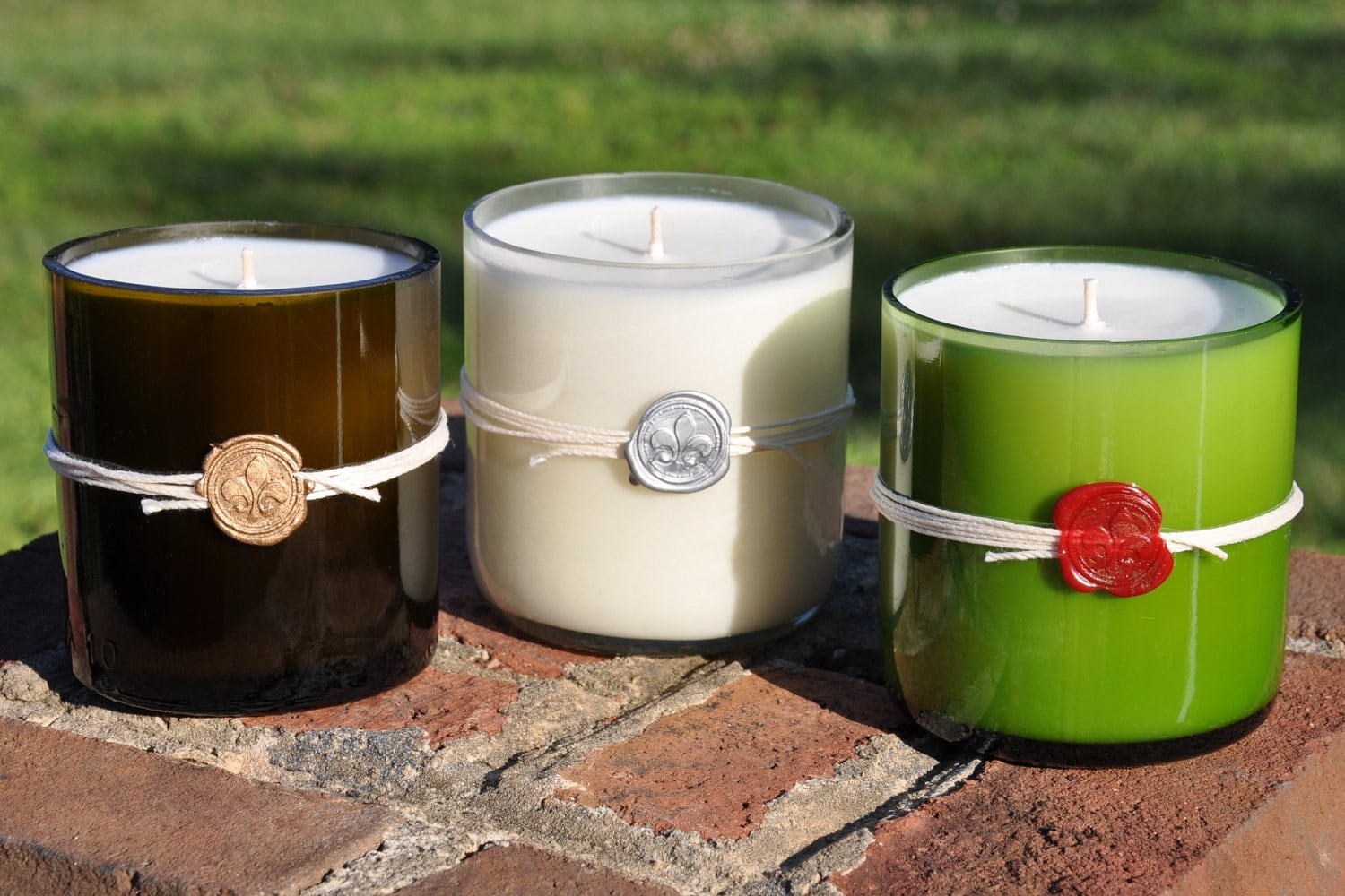 Recycled wine bottle candle soy wax in several awesome